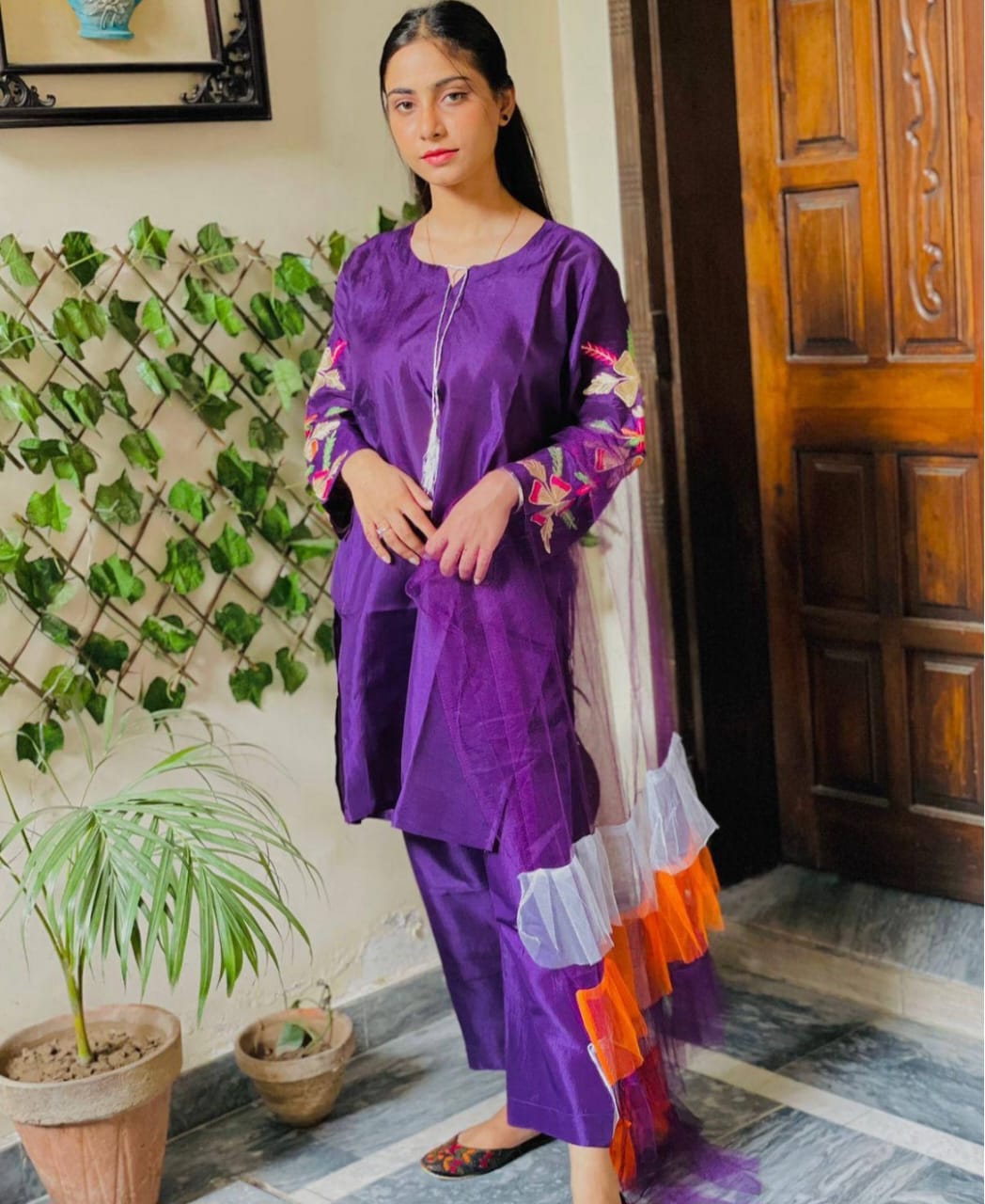 Peacock sleeves embroidery And net dupatta 3p